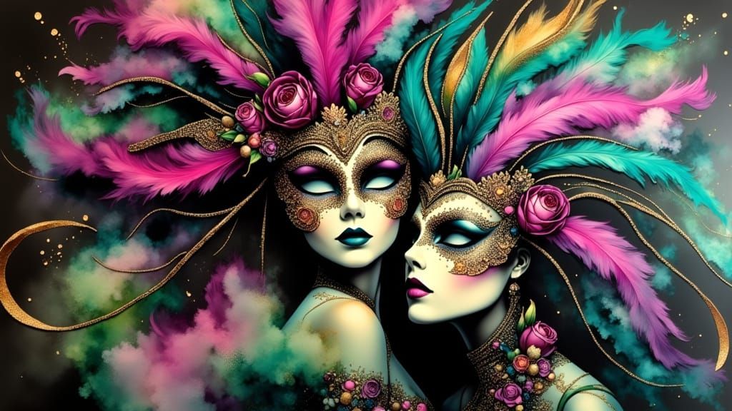 Afrofuturist Venetian Mask with Feathers and Ink Swirls