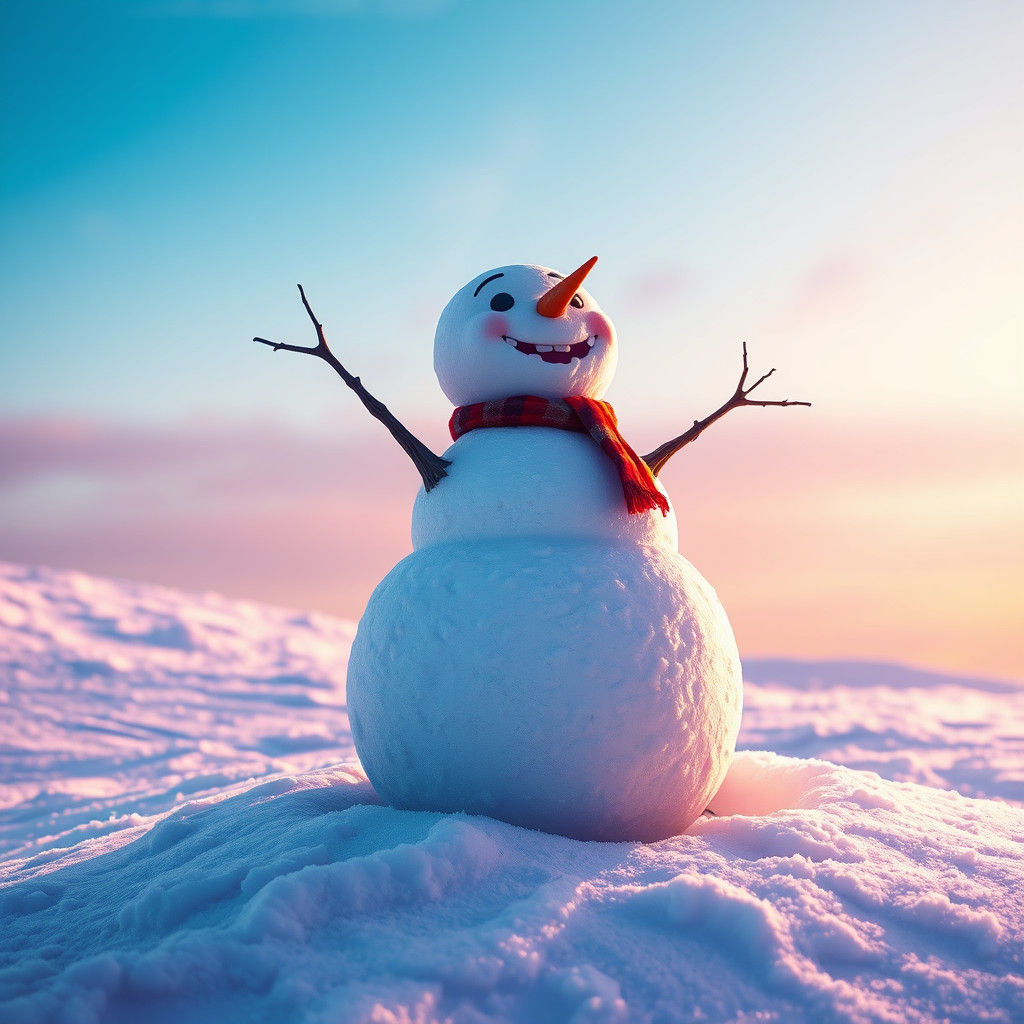 Surreal Winter Wonderland with Happy Snowman in Vibrant Hype...