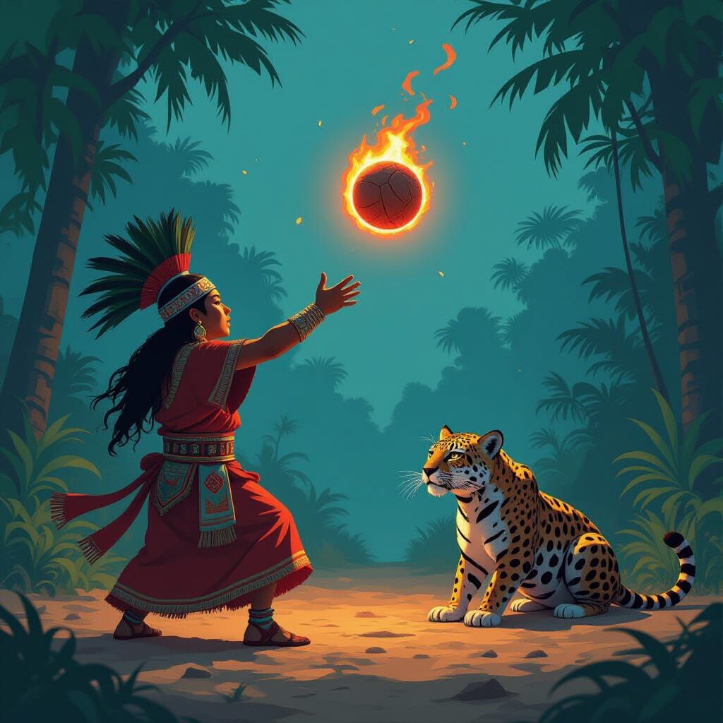 Mayan Pok-ta-Pok Game at Dusk with Flaming Ball