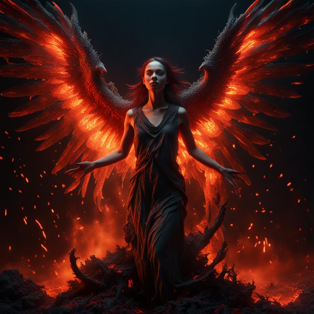 Fiery Phoenix Woman Rises from Ashes