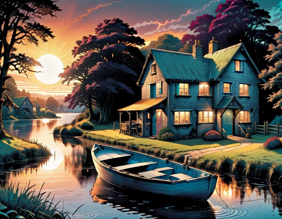 English Village Sunrise: 17th Century Digital Art