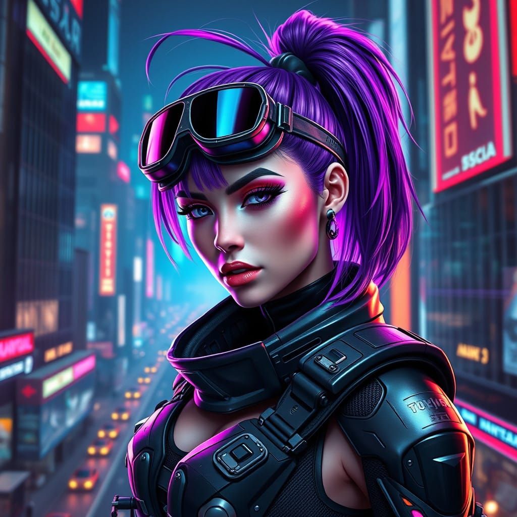 Cyberpunk Goddess in Neon Tactical Armor