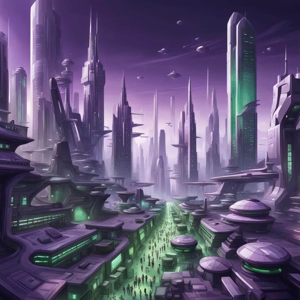 Futuristic Cityscape in Purple and Green