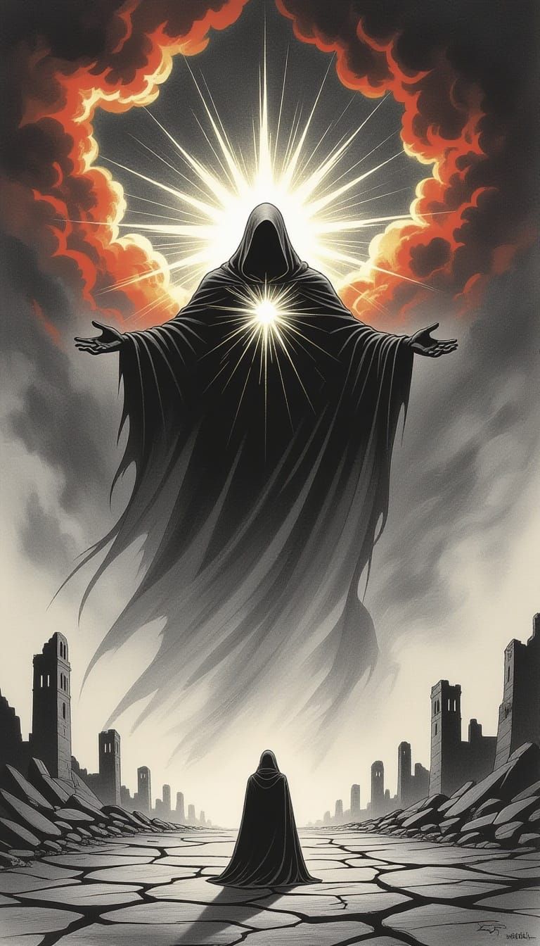 Monumental Cloaked Figure Radiates Light in Charcoal Drawing