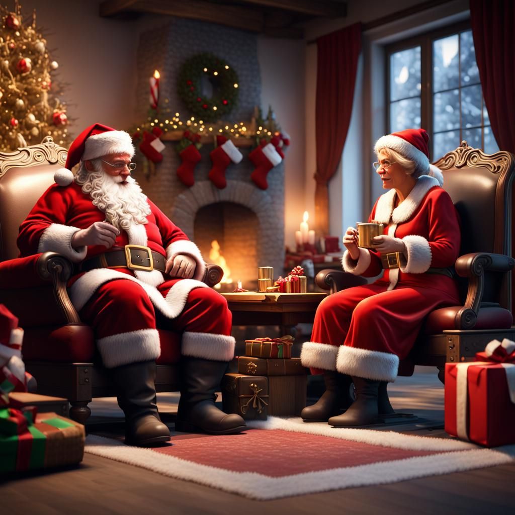 Santa and Mrs. Claus by Fireplace in 3D Style