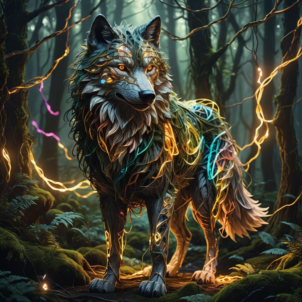 Neon String Wolf in Mystical Forest: Auroracore Art