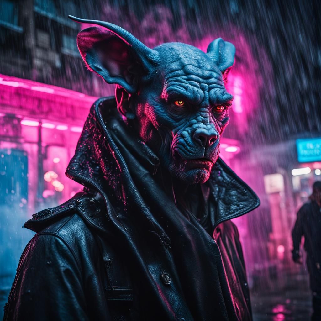 Gothic Gargoyle Portrait with Neon and Dirigibles