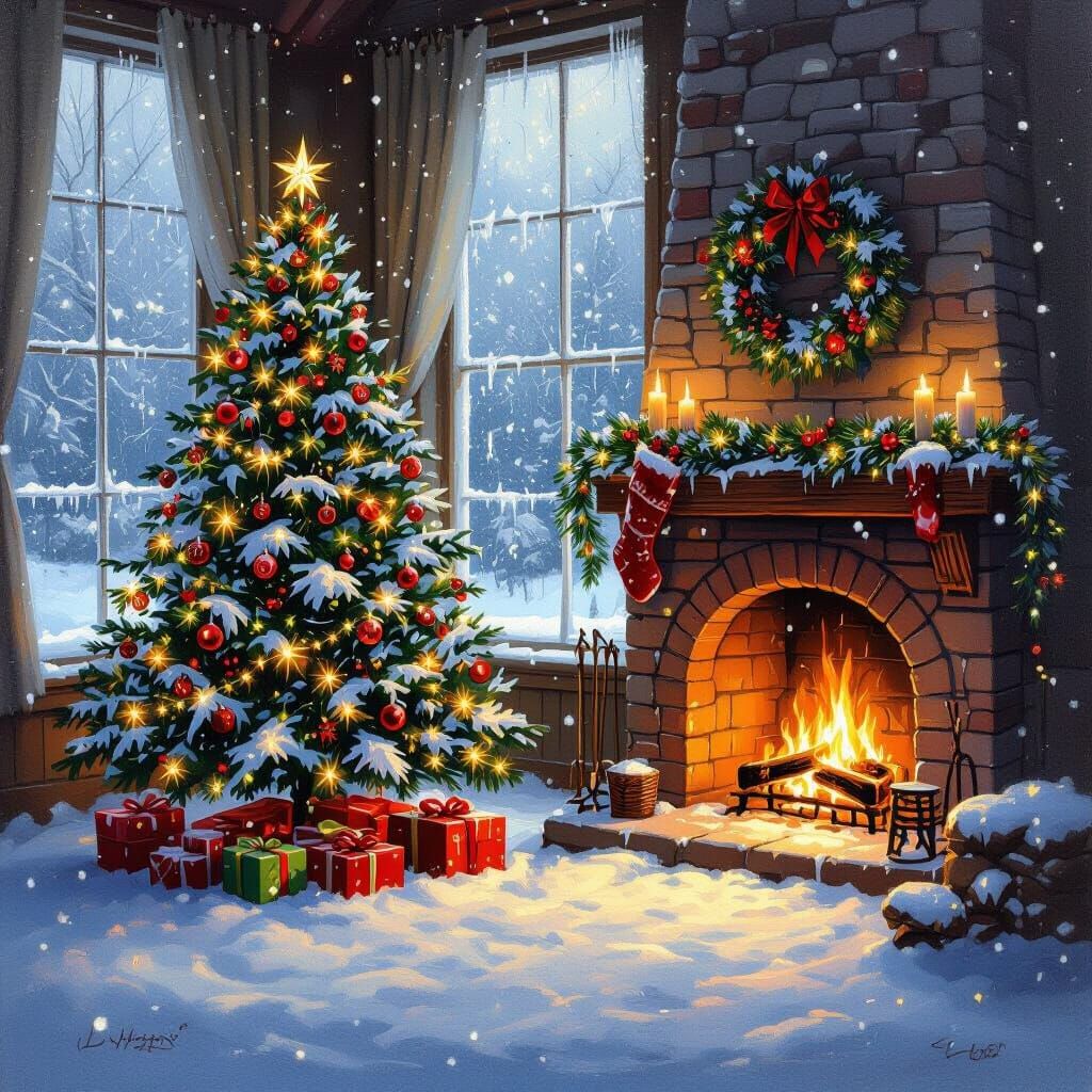 Cozy Christmas Scene with Fireplace and Snow