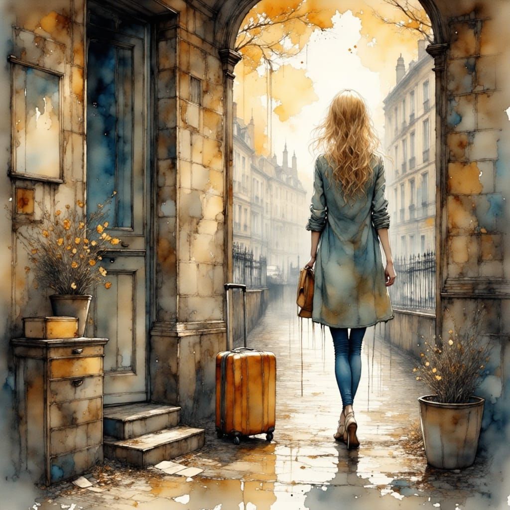 Whimsical Parisian Scene in Muted Watercolor Tones