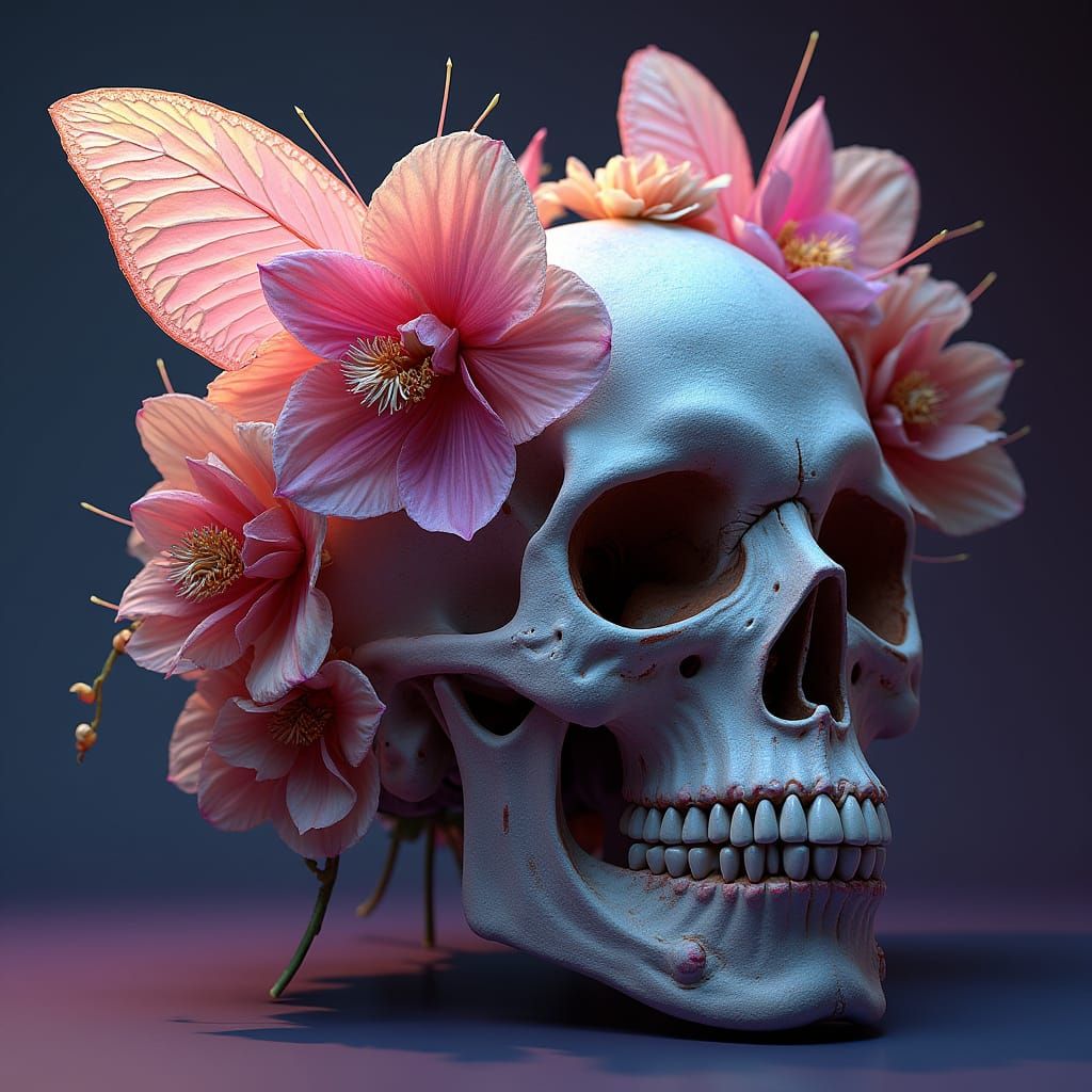 Surreal Butterfly Skull Hybrid in Vibrant Floral Patterns an...