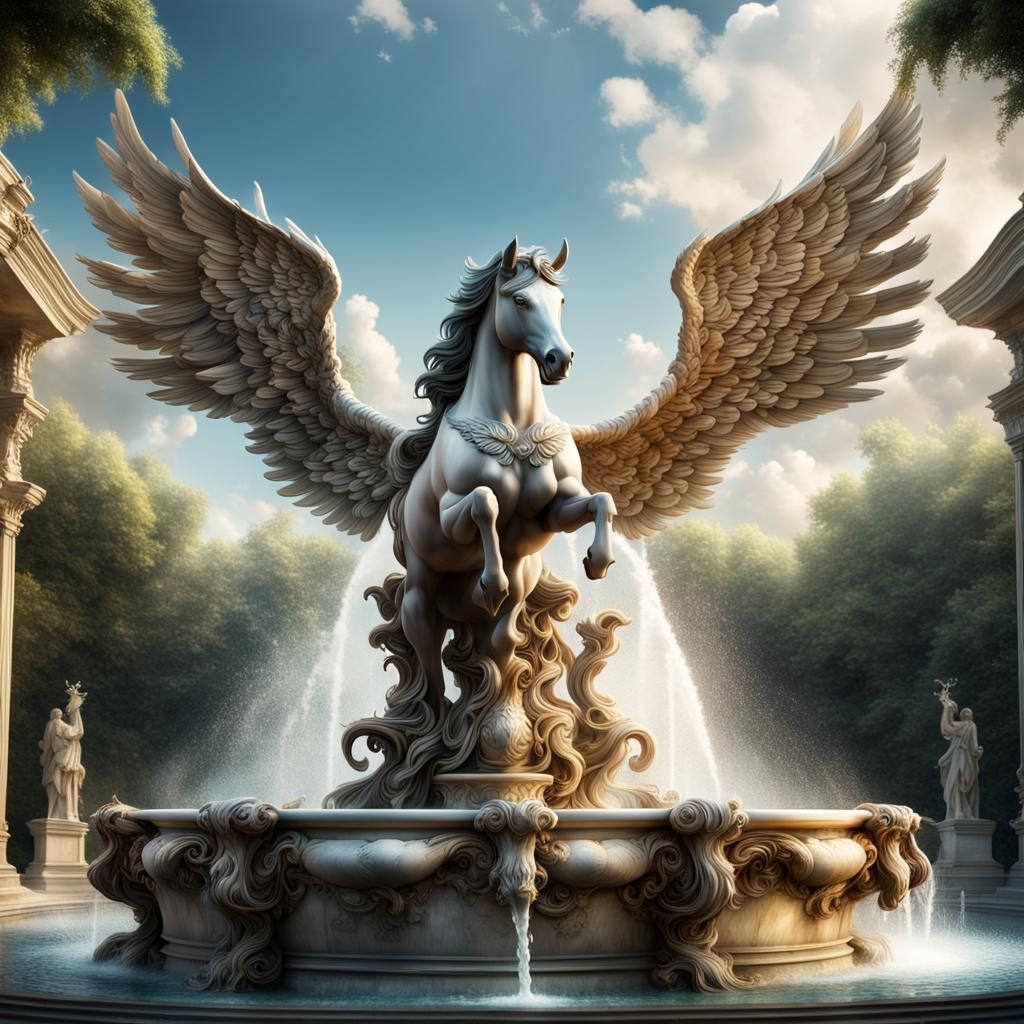 Majestic Pegasus Fountain in Detailed Digital Painting