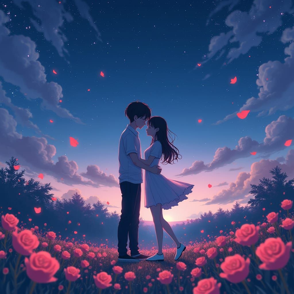 Anime Style Couple Embracing Under Starry Sky