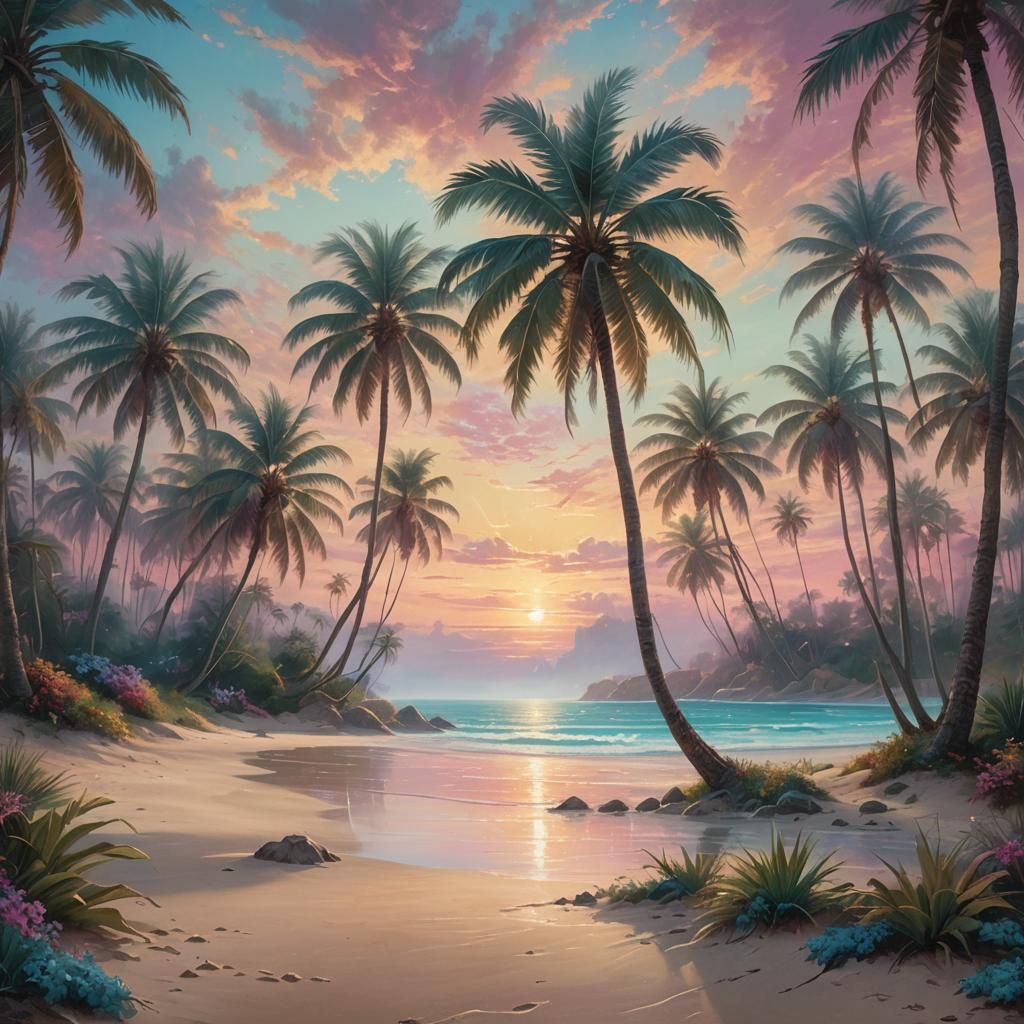 Desert Island Sunset in Ethereal Fantasy Style
