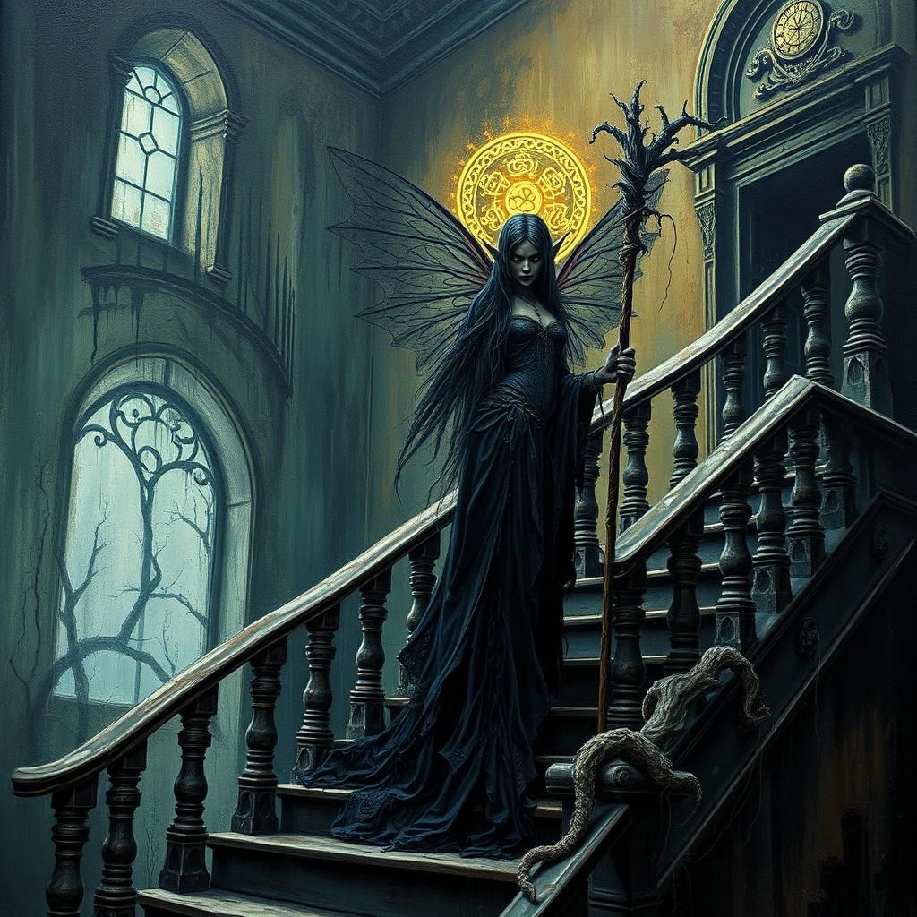 Mystical Fairy Elf in Haunted Mansion: Surreal Impasto Art