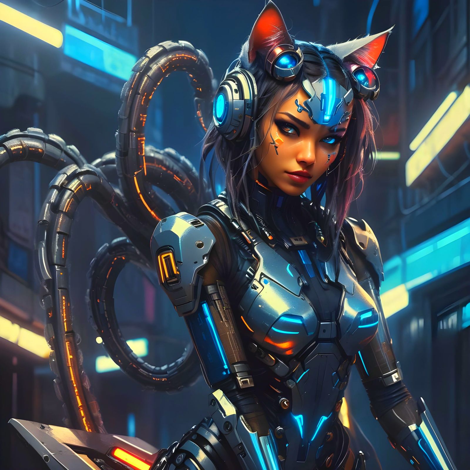 Furry Cyborg Cat-Girl with Metallic Tentacles