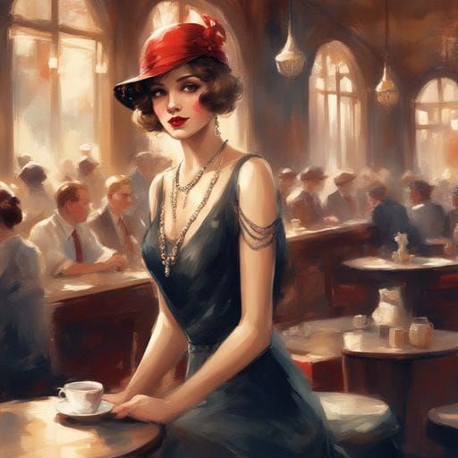 1920s Flapper Girl in Cafe, Royo Style