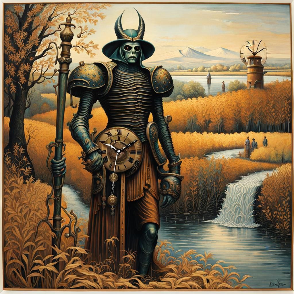 Steampunk Wooden Man Milling Wheat, Art Nouveau Style