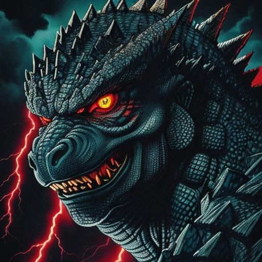 Emperor Godzilla Roaring in Stormy Cityscape, Manga Style