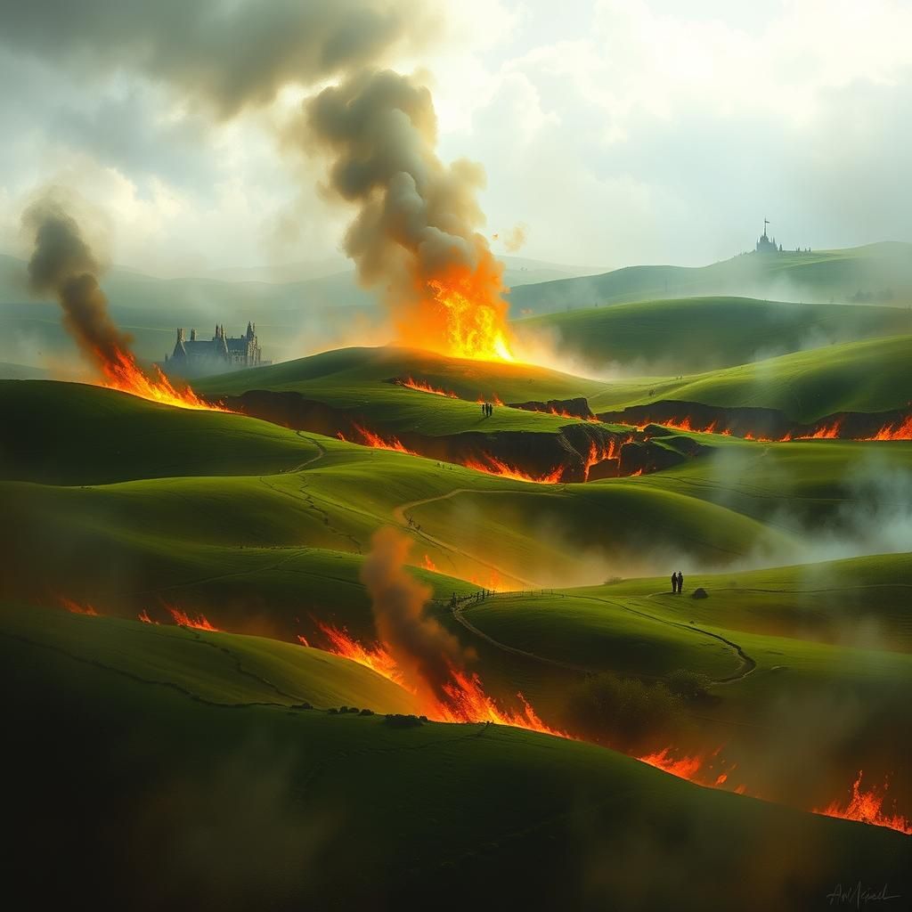 The Shire Ablaze: A Dark Fantasy Landscape