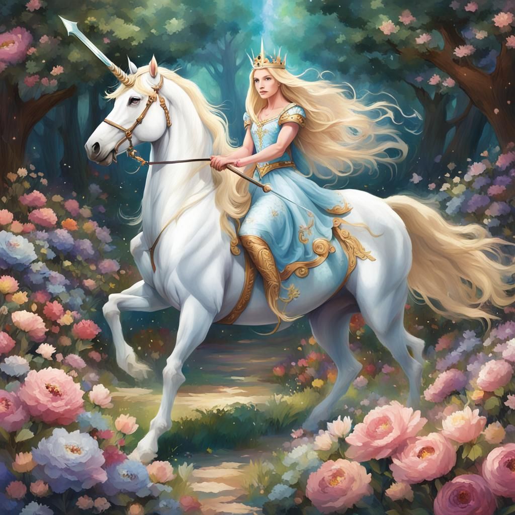 Princess Riding Unicorn with Sword Among Flowers