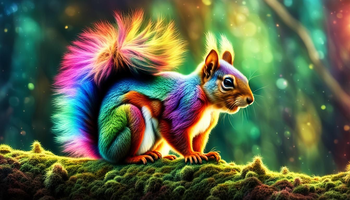 Rainbow Squirrel in Enchanted Forest: Digital Art
