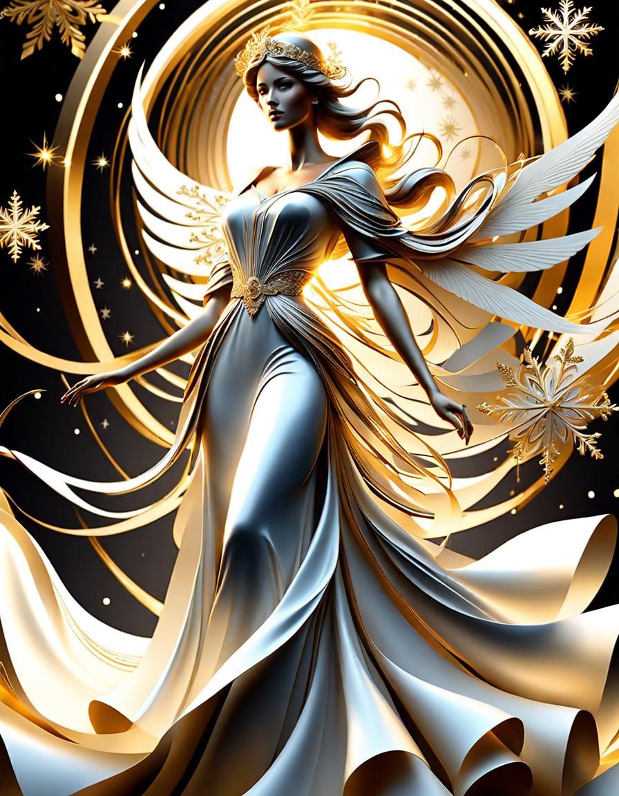 Heavenly Angel Christmas Scene in Silver and Gold