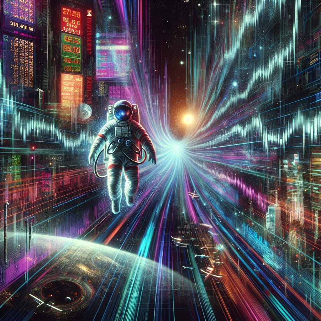 Cyberpunk Astronaut Warping Through Stock Values