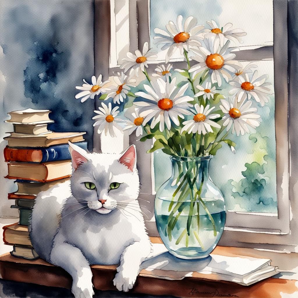 Watercolor of Cat Smelling Daisies in Vase
