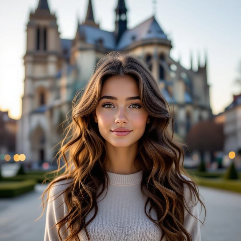 Girl in Front of Majestic Cathedral in Golden Hour Light