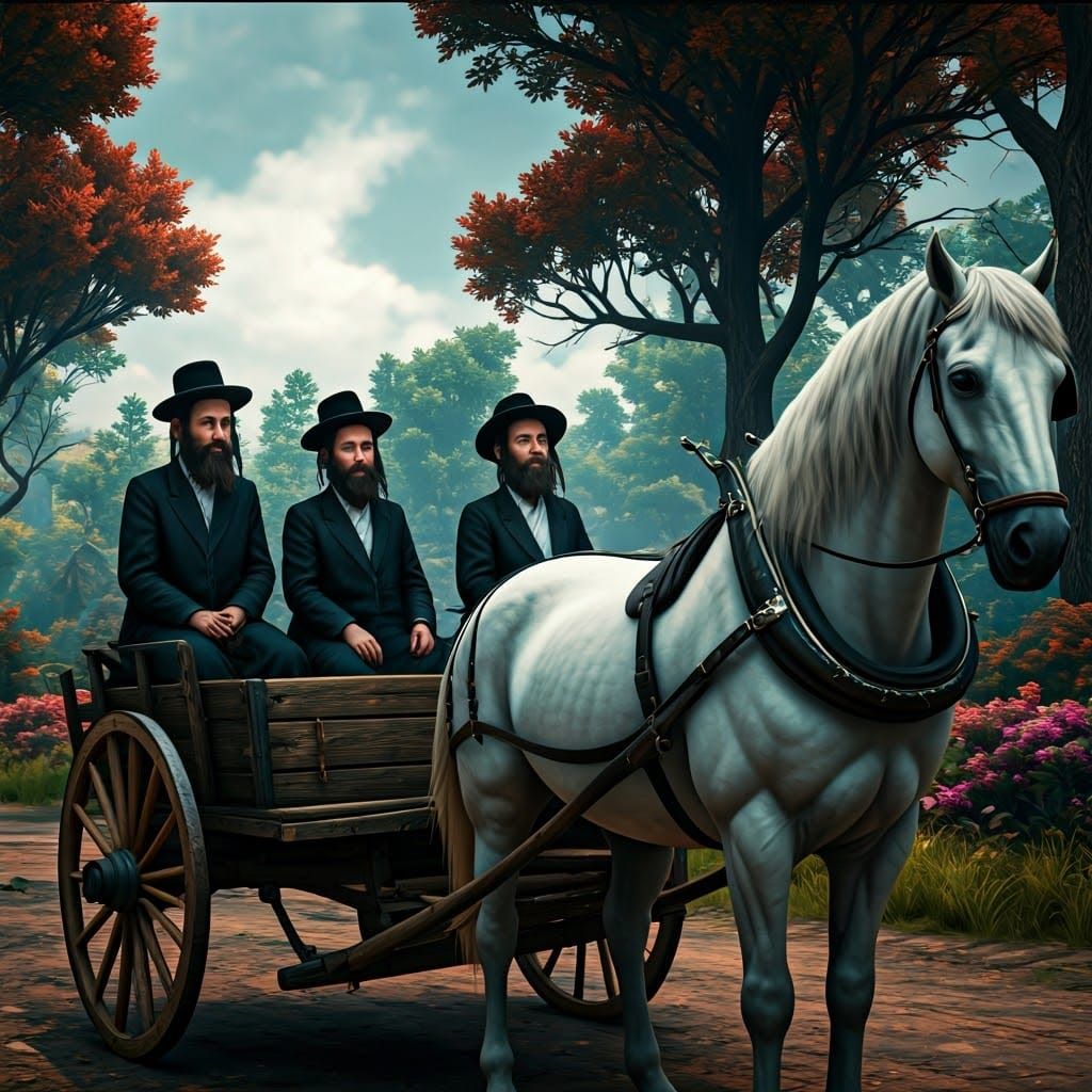 Hasidic Men in a Wooden Cart Amidst Fantastical Landscapes