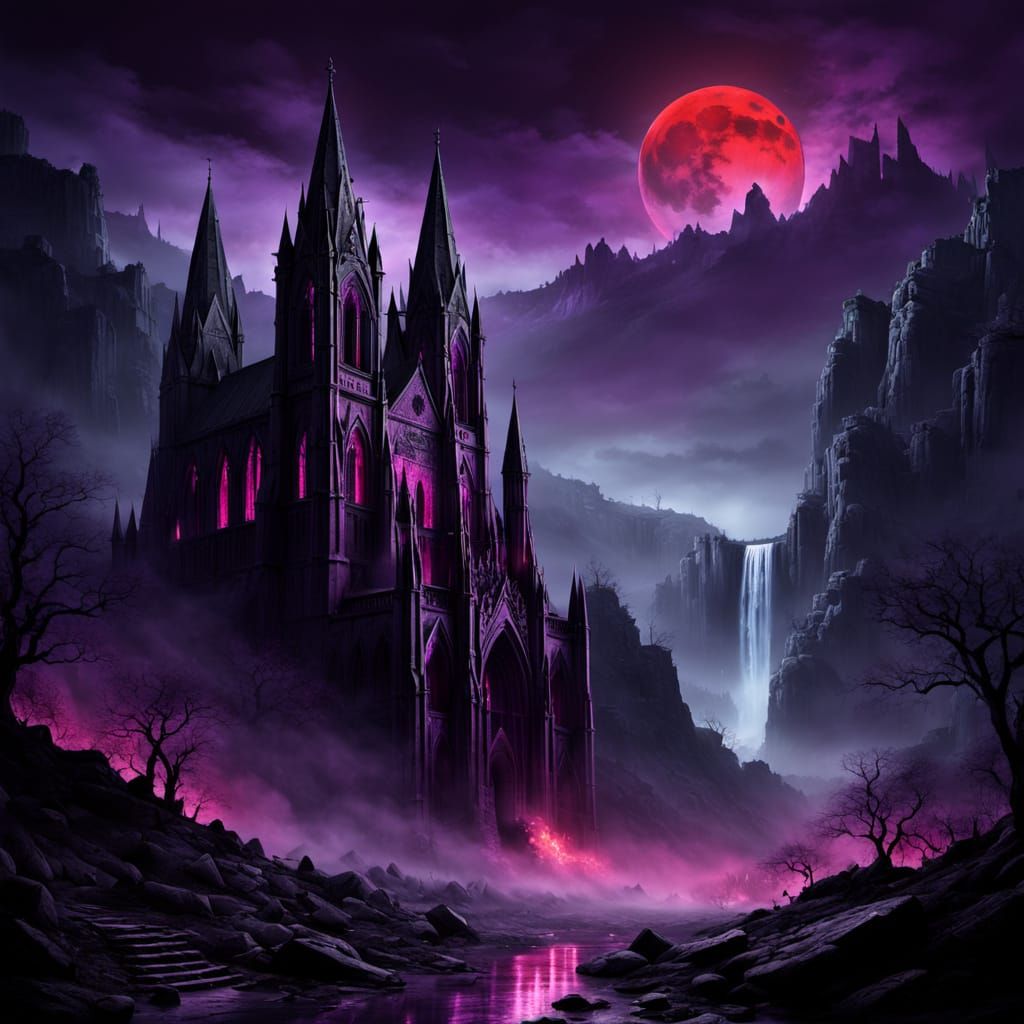 Ruined Gothic Cathedral with Purple Glow Under Red Moon