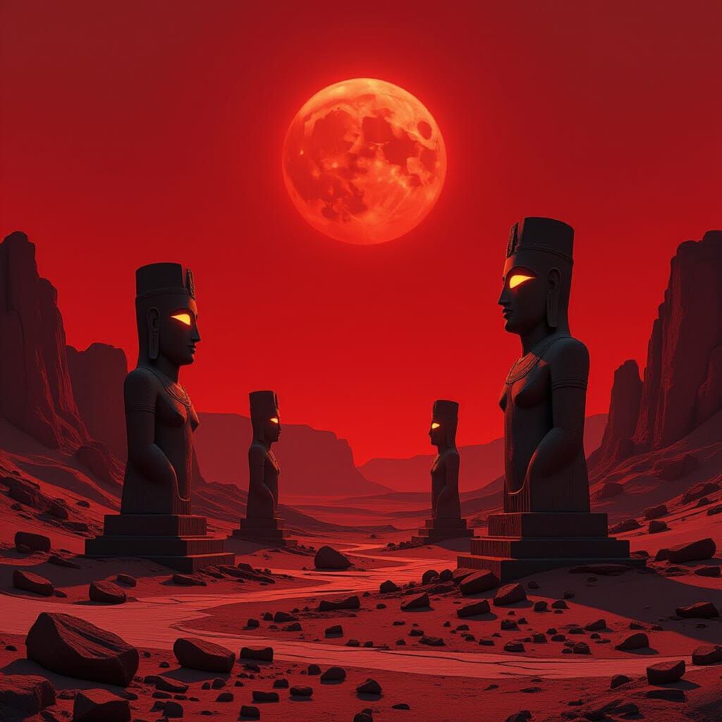 Desolate Valley with Ancient Statues in Cinematic Style