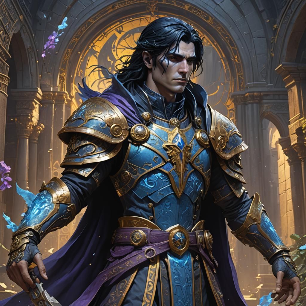 Blue-Skinned Aasimar Cleric in Detailed Dark Fantasy Art
