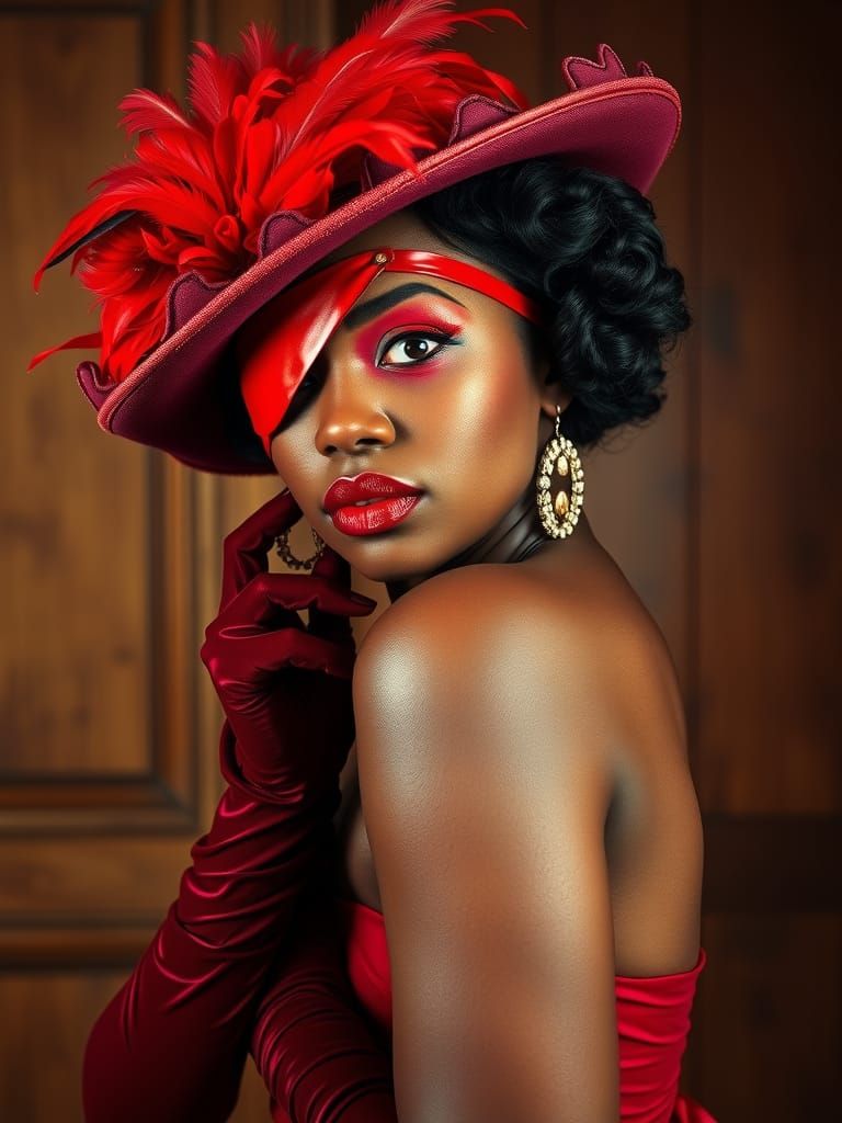 Red Burlesque Eyepatch Woman in Vintage Photo Studio