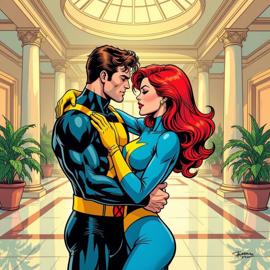 Retro Comic Style Jean Grey & Cyclops Kiss