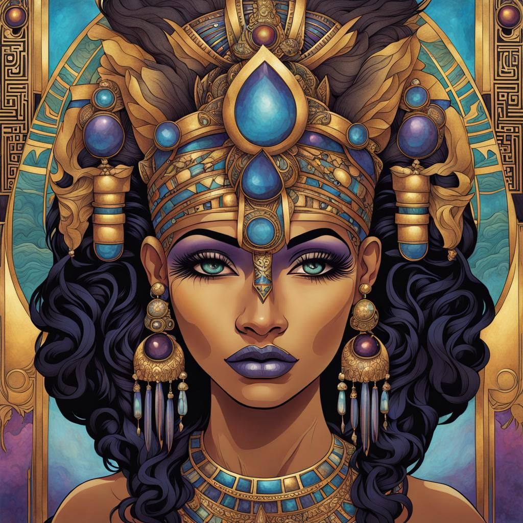 Egyptian Queen and Aztec Priestess Fusion in Art Nouveau