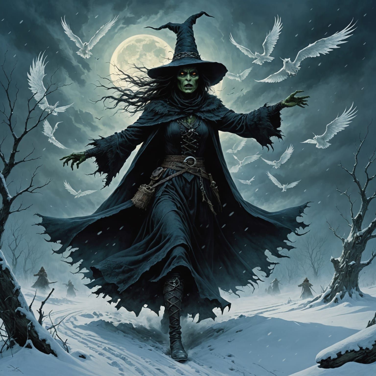 Wicked Winter Sorceress in Dark Frosty Landscape