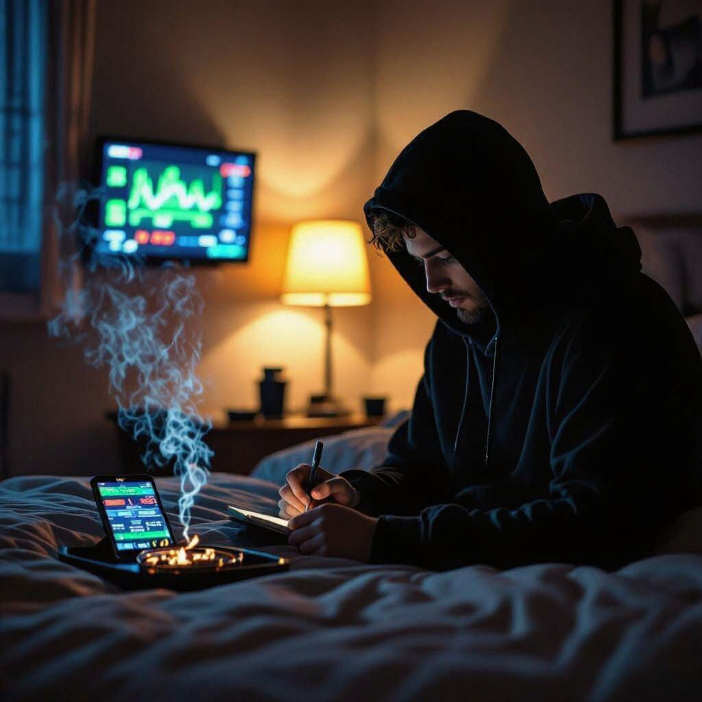 Intimate Dark Room Scene with Young Man Writing