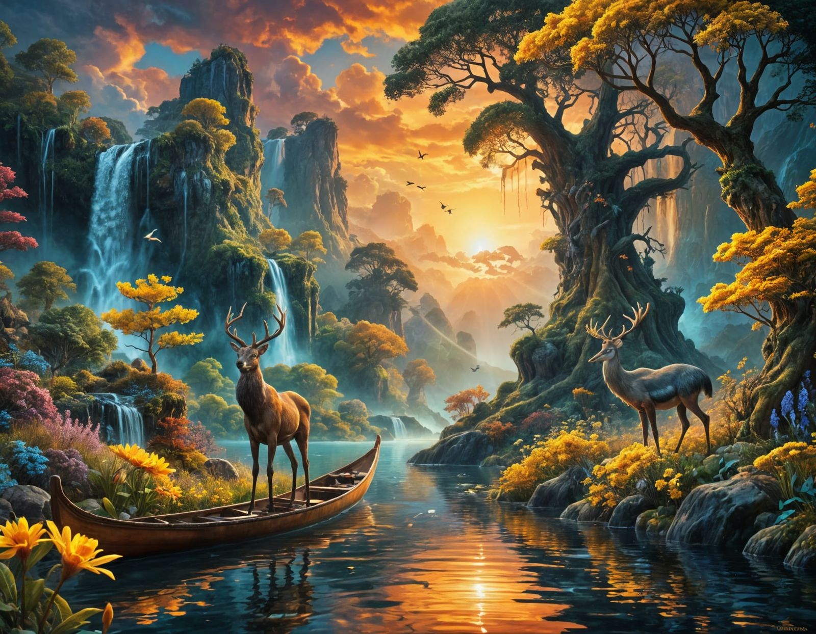Reflective Lake Sunset: A Surreal Landscape Painting