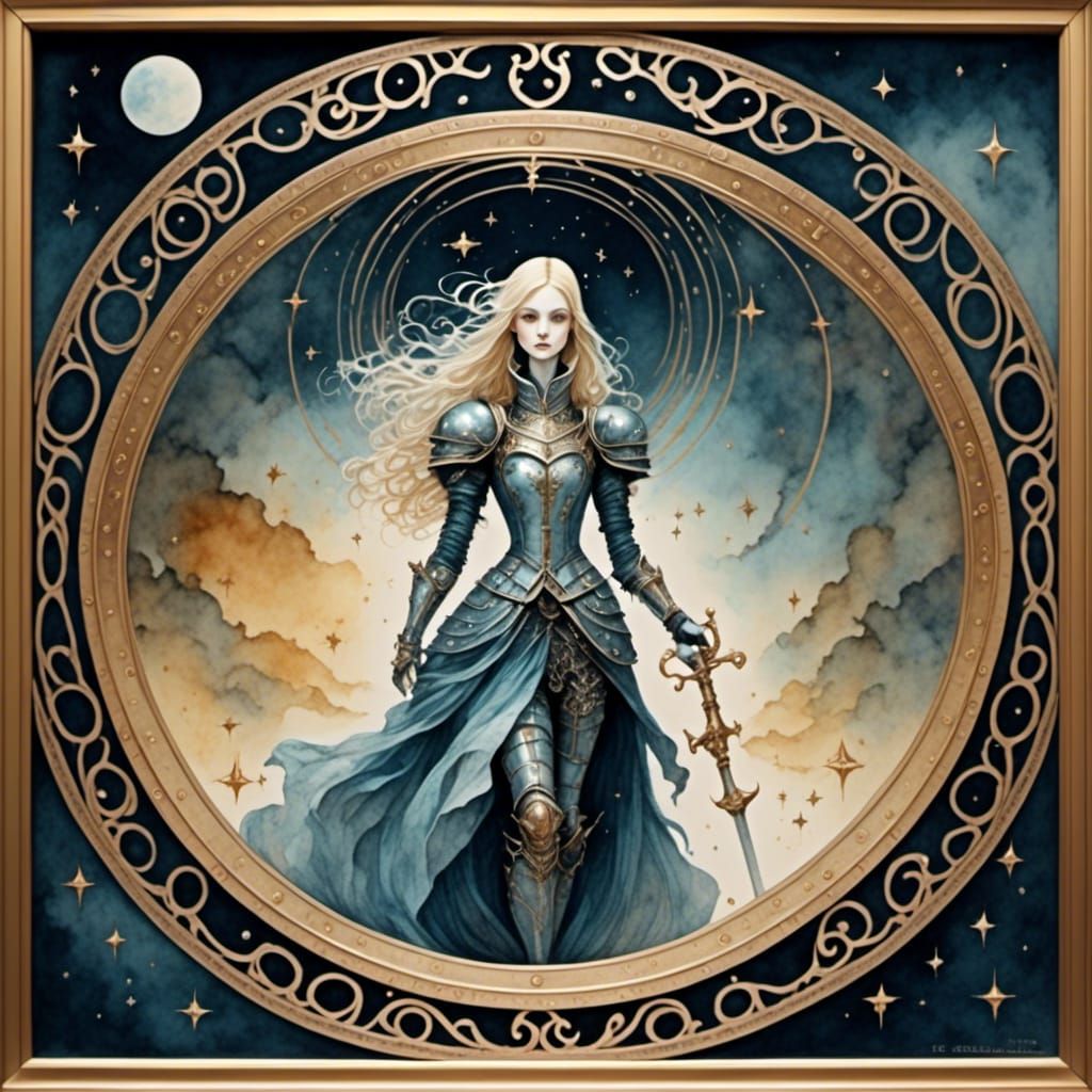 Alice in Celestial Armor: Retro-Wave Watercolor