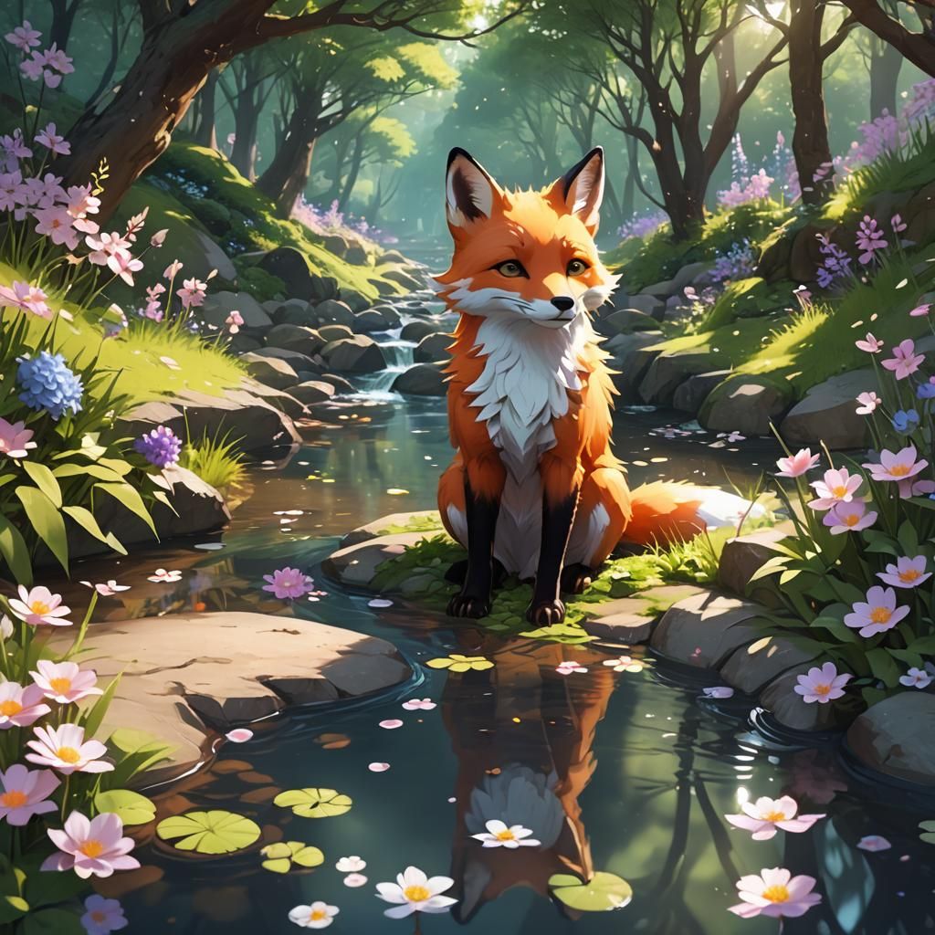 Fox Drinks From Creek in Vibrant Anime Forest