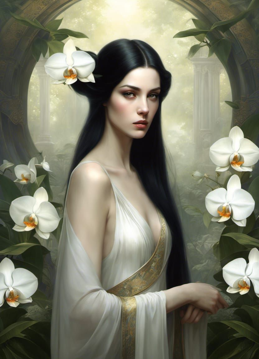 Pale Goddess with Orchids: Dark Fantasy Art