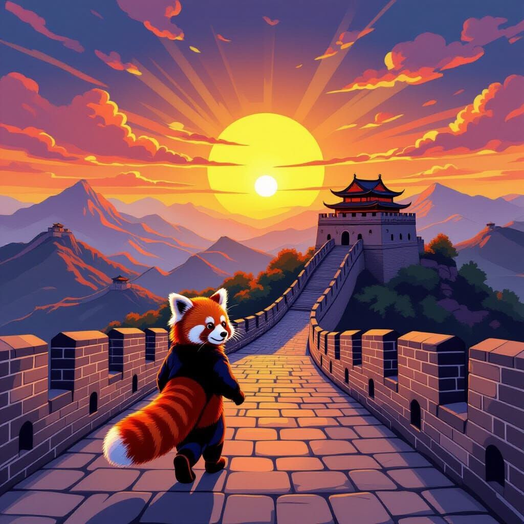 Red Panda Explores Great Wall at Sunrise in Storybook Style