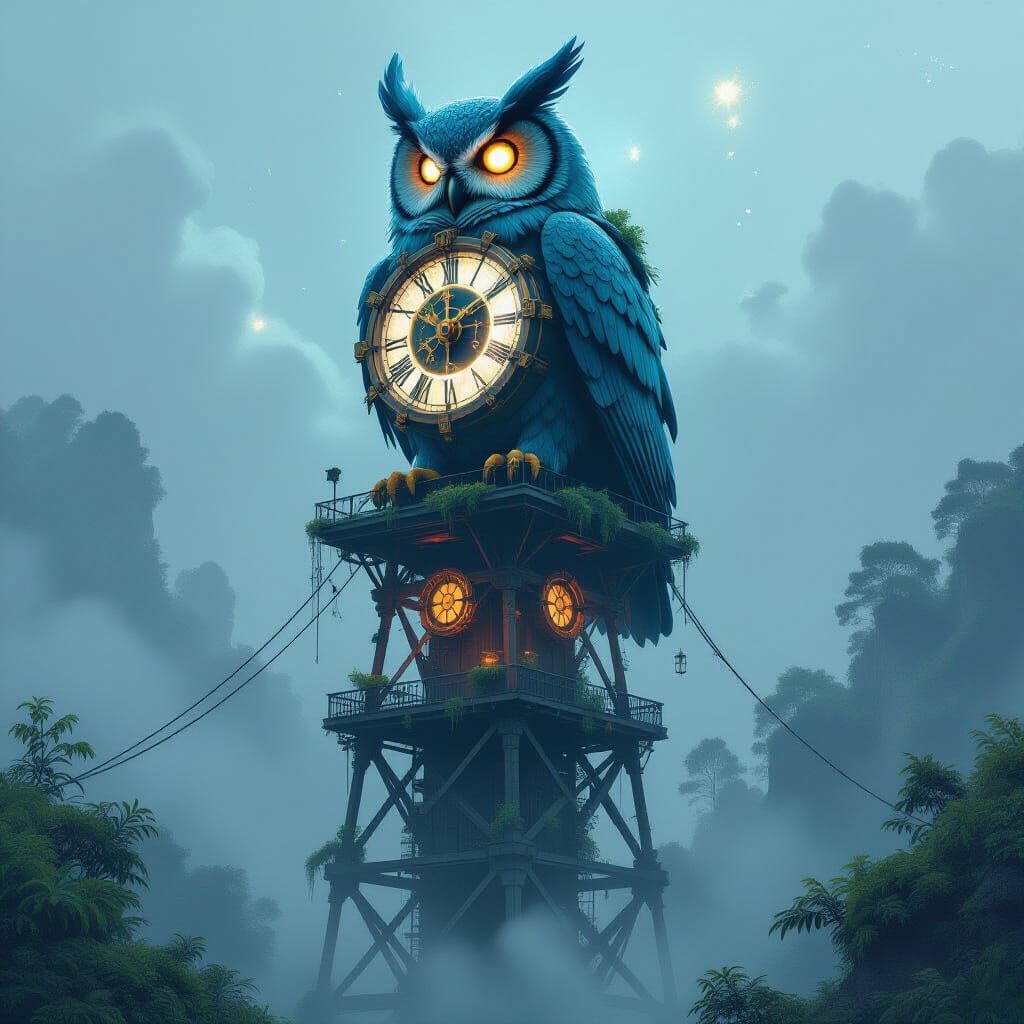 Clockwork Owl on Ancient Energy Pylon, Steampunk Eco-Design
