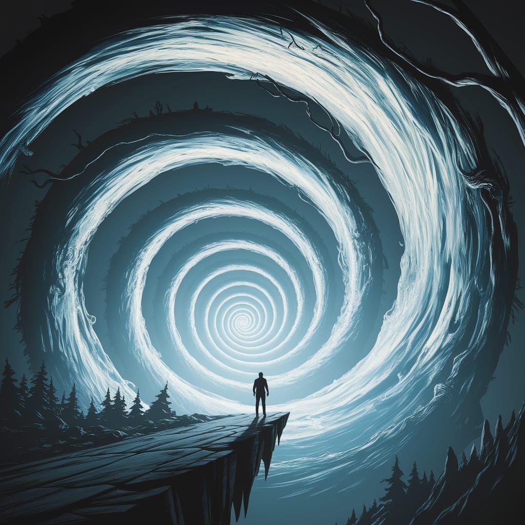 Lone Figure Gazing into a Glowing Spiral Vortex