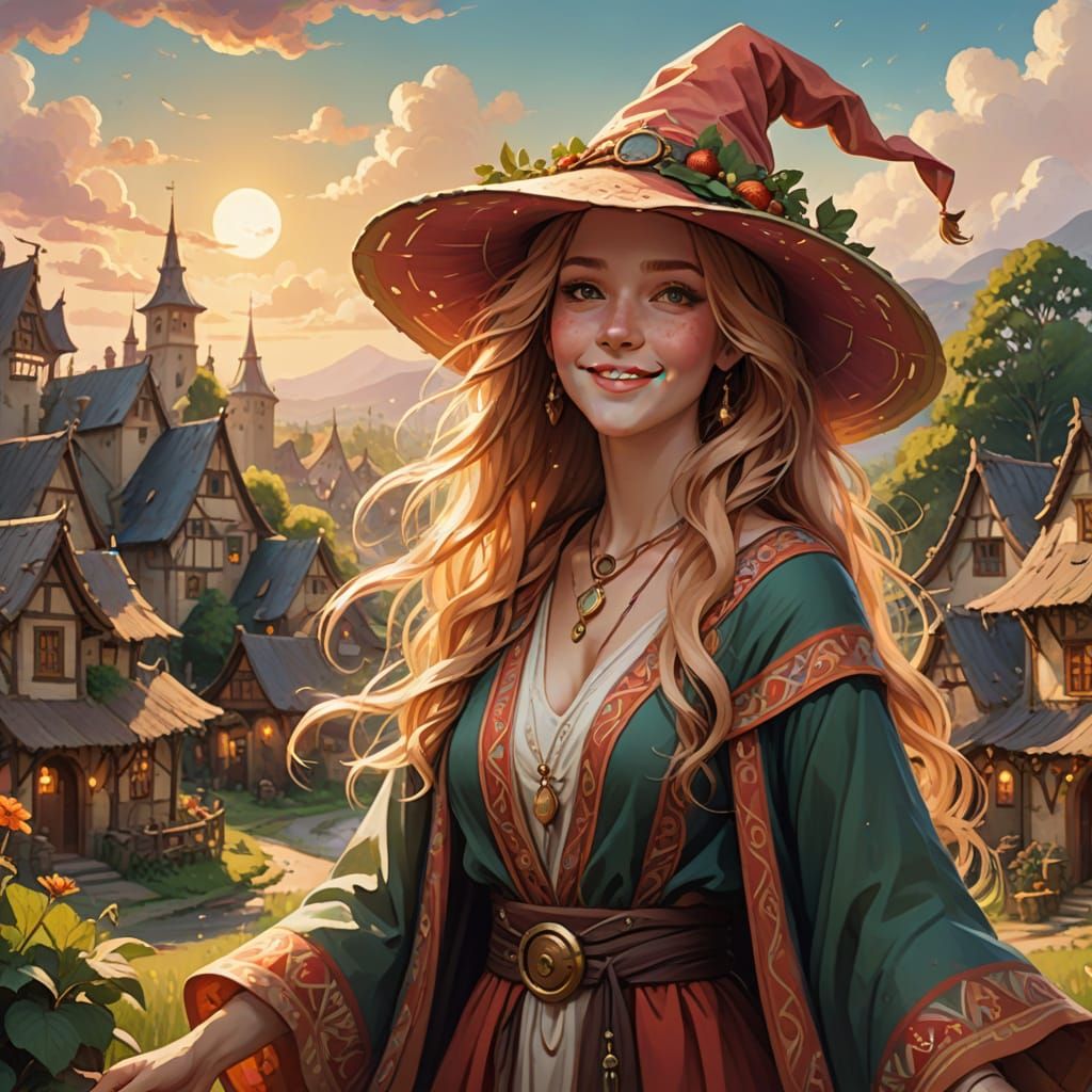 Whimsical Witch with Strawberry Blonde Hair in Digital Paint...