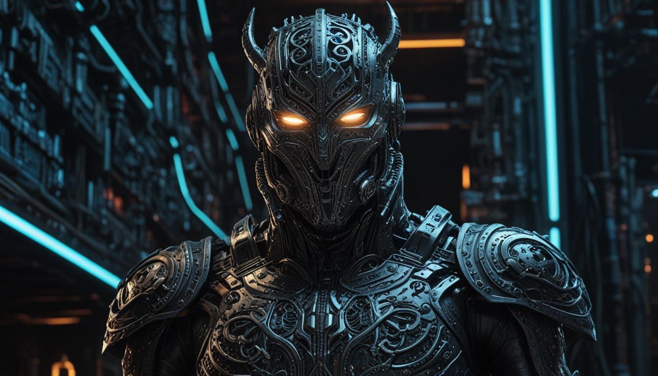 Glimmering Biopunk Warrior in Dark, Misty Liminal Space