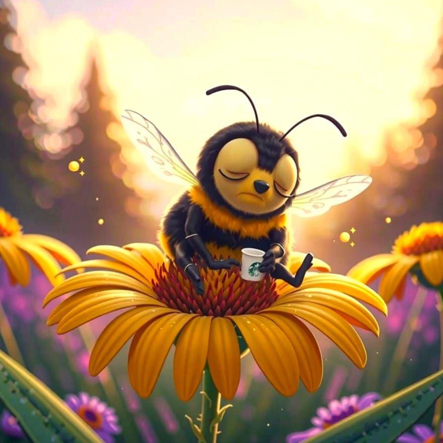 Bumblebee's Coffee Break in Dreamlike Forest, 3D Digital Art