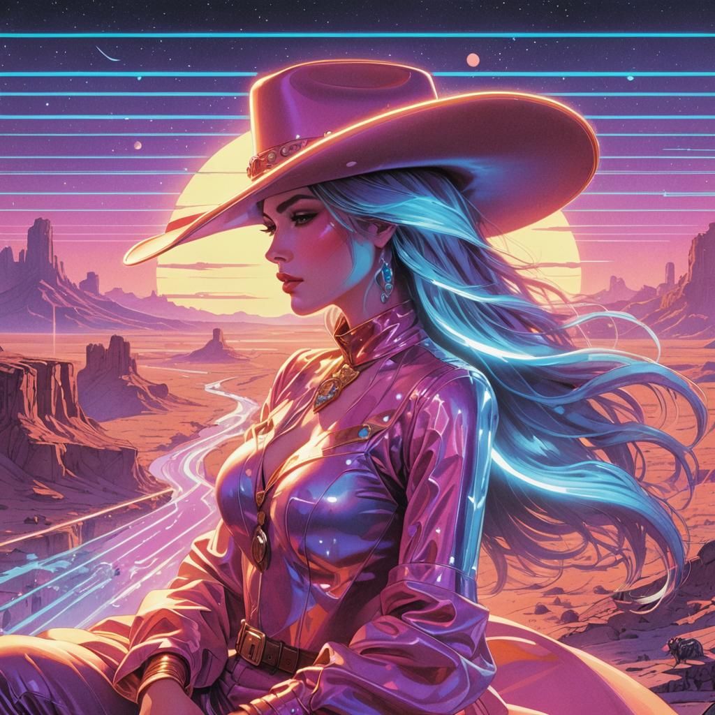 Retro-Futuristic Cowgirl in Neon Old West Landscape