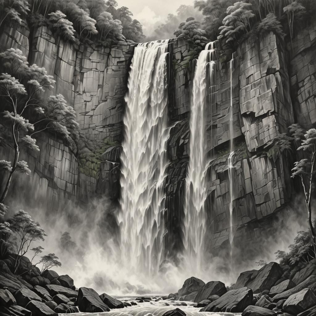 Majestic Waterfall: Hyperdetailed Charcoal Drawing